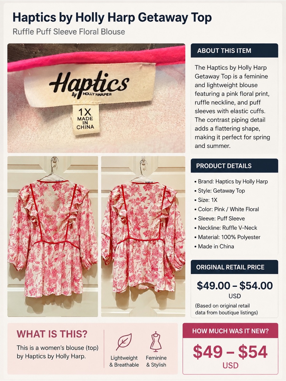 Haptics by Holly Harp Pink Floral Ruffle Puff-Sleeve Blouse